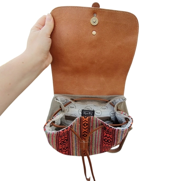 Myra Bag Multicolor Woven Backpack with Brown Leather Trim and Gray Fur Flap
